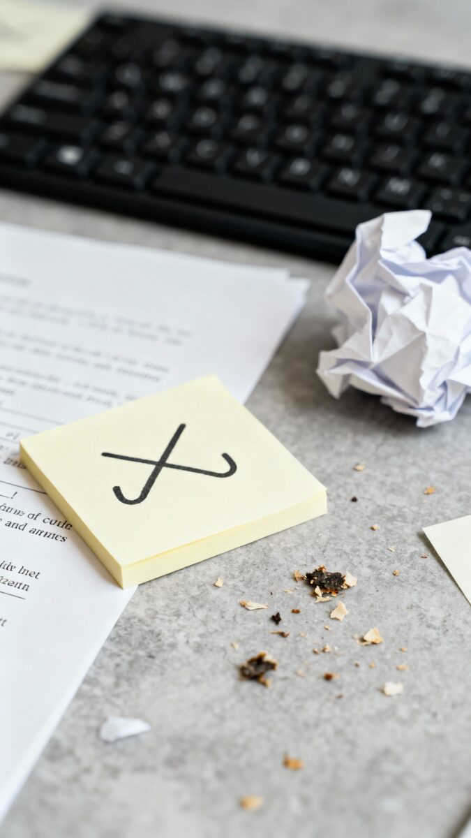 Closeup of sticky notes reading hooks crossed out, crumpled drafts, keyboard crumbs
