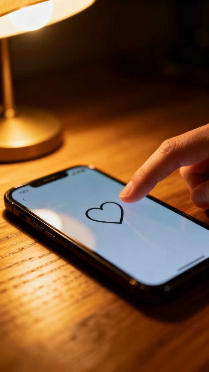 Closeup of thumb refreshing phone screen, empty heart icon, dim desk lamp