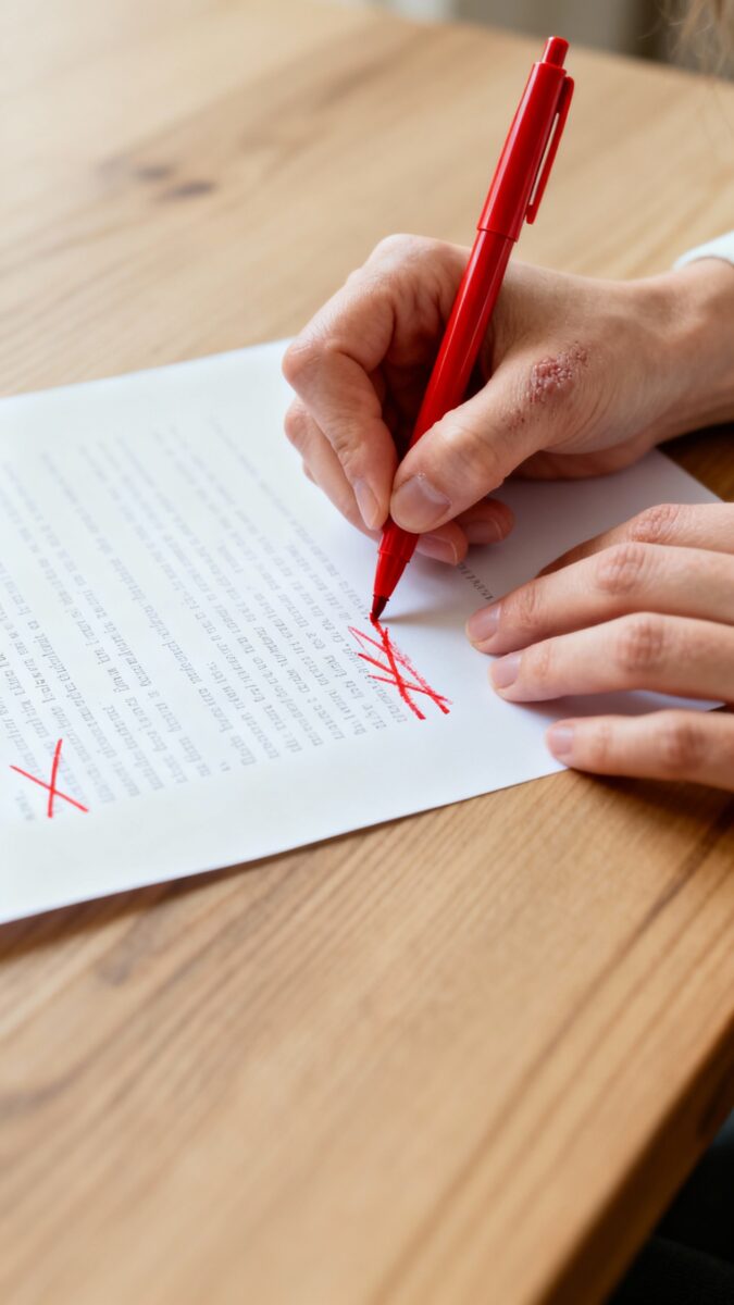 Female hands crossing out adjectives on printed draft, red pen, wooden table