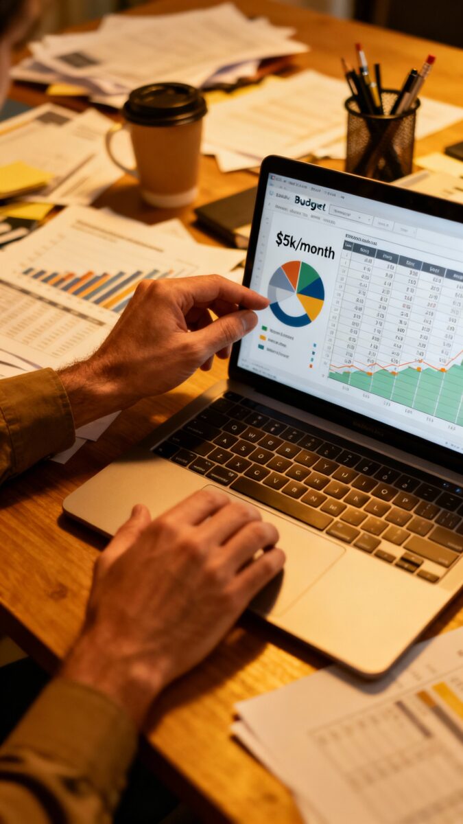 Hands adjusting budget spreadsheet on laptop, $5k/month visible graphs, desk clutter