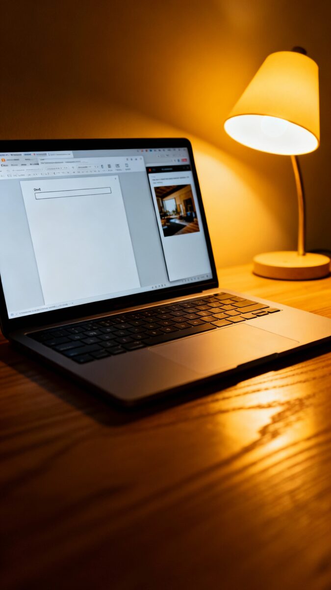 Laptop screen with two tabs only, draft document and reference image, night desk lamp glow