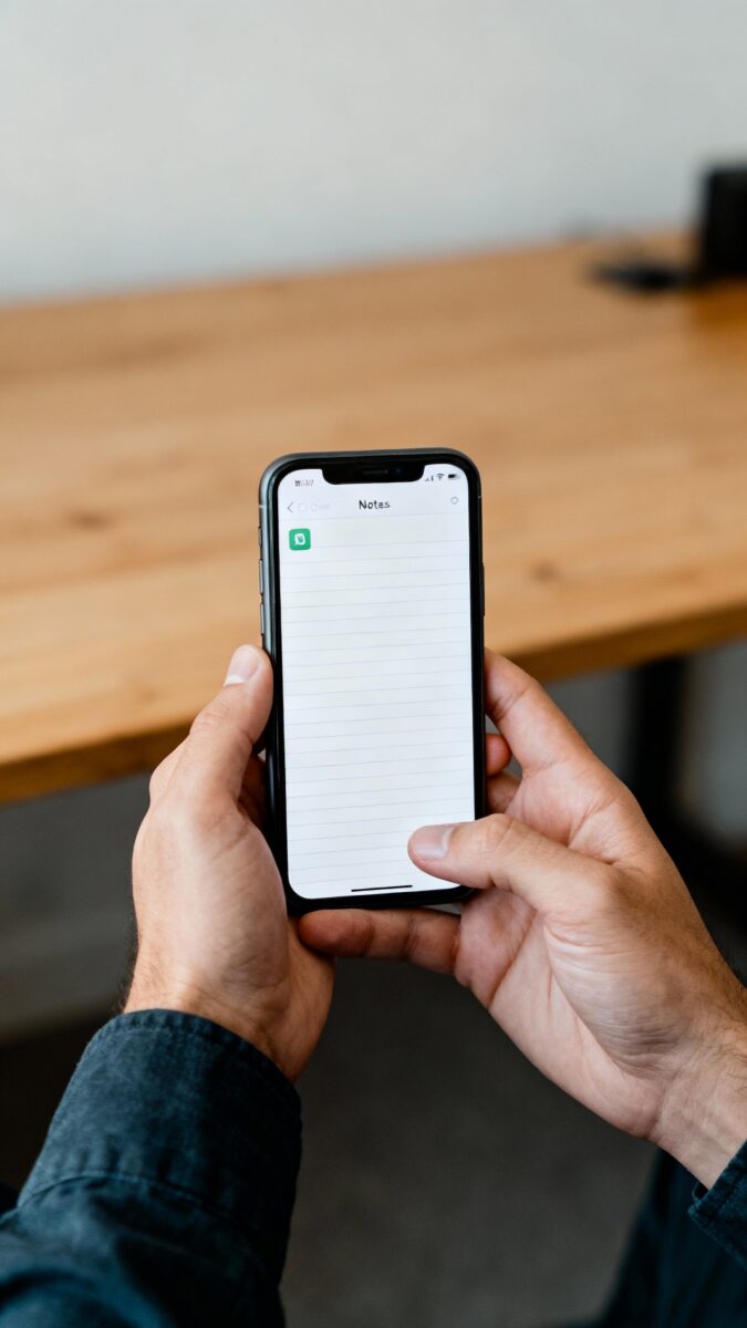 Male hands filming short video on phone, simple desk, Notes app open