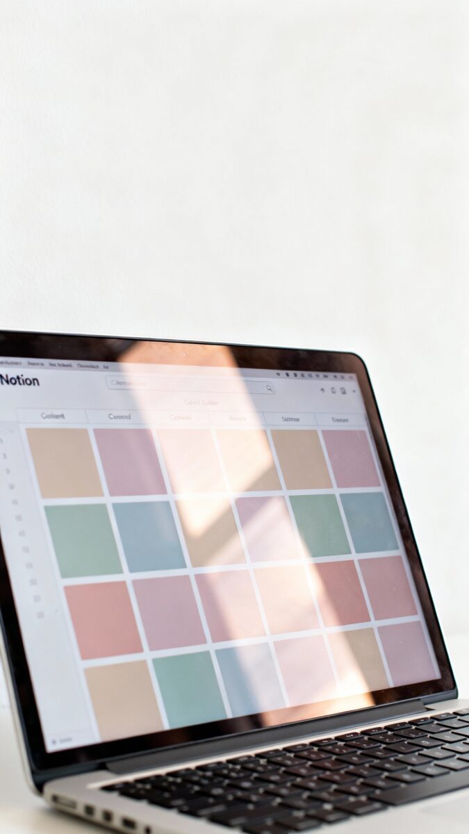 Overhead shot of color-coded content calendar in Notion on laptop