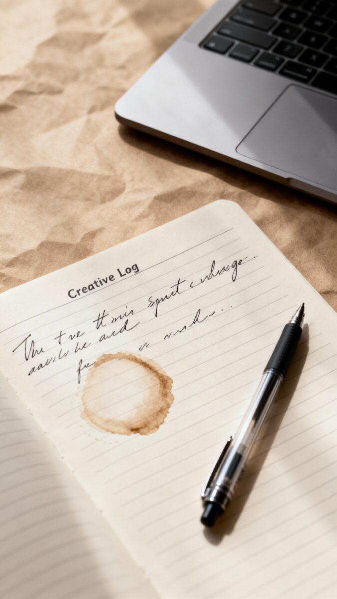Overhead shot of handwritten creative log page, pen uncapped, coffee ring, laptop nearby
