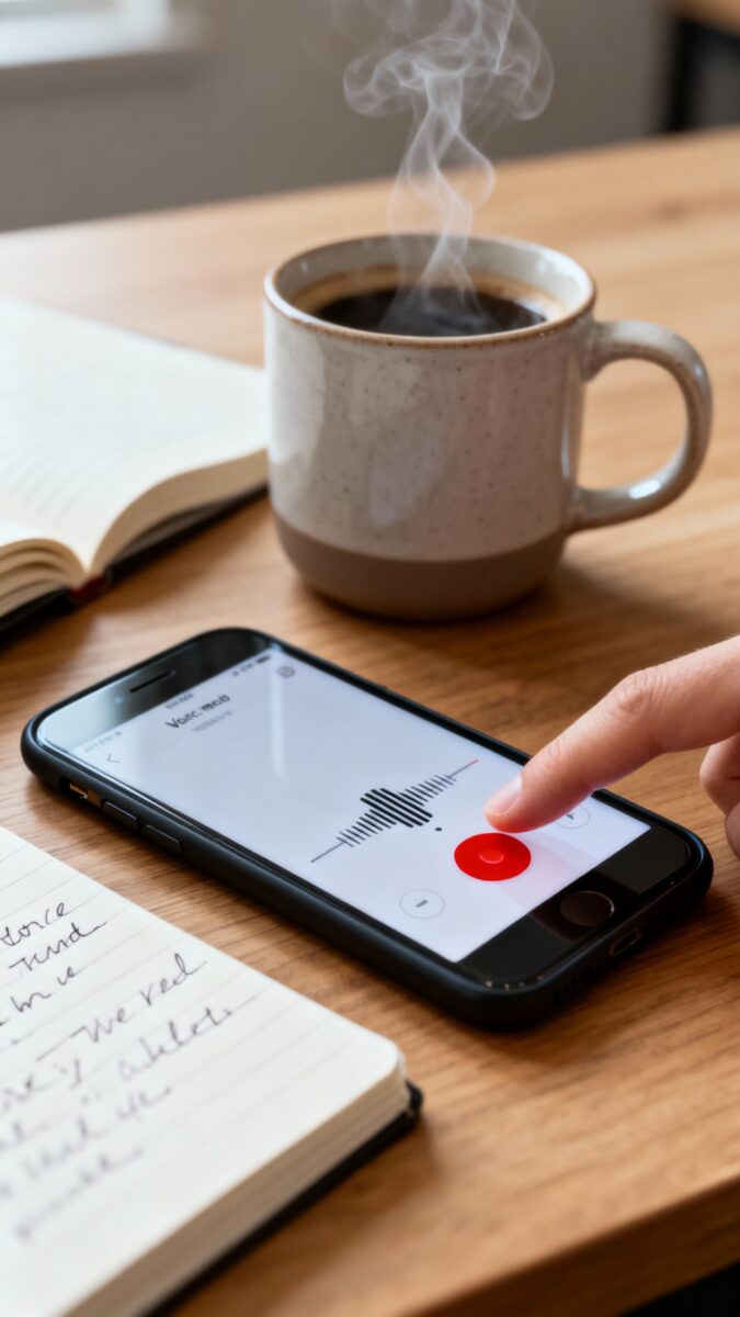 Smartphone voice memo recording 60 seconds, thumb tapping red button, coffee mug and open notebook n