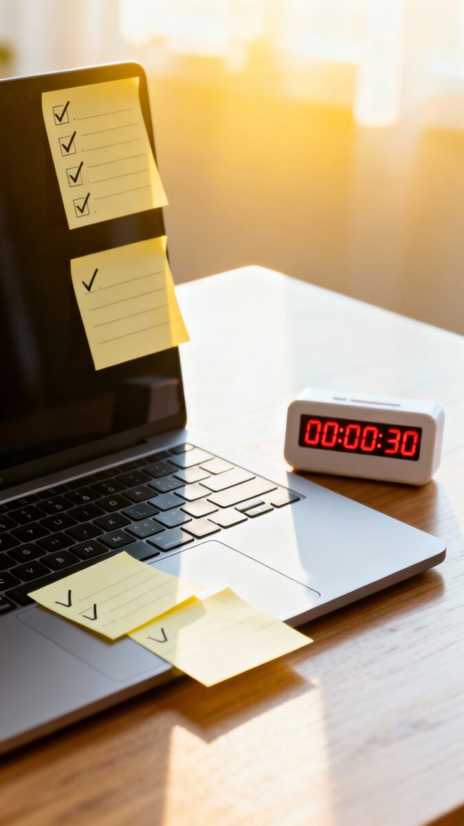 Sticky-note checklist on laptop, timer counting down, morning sunlight