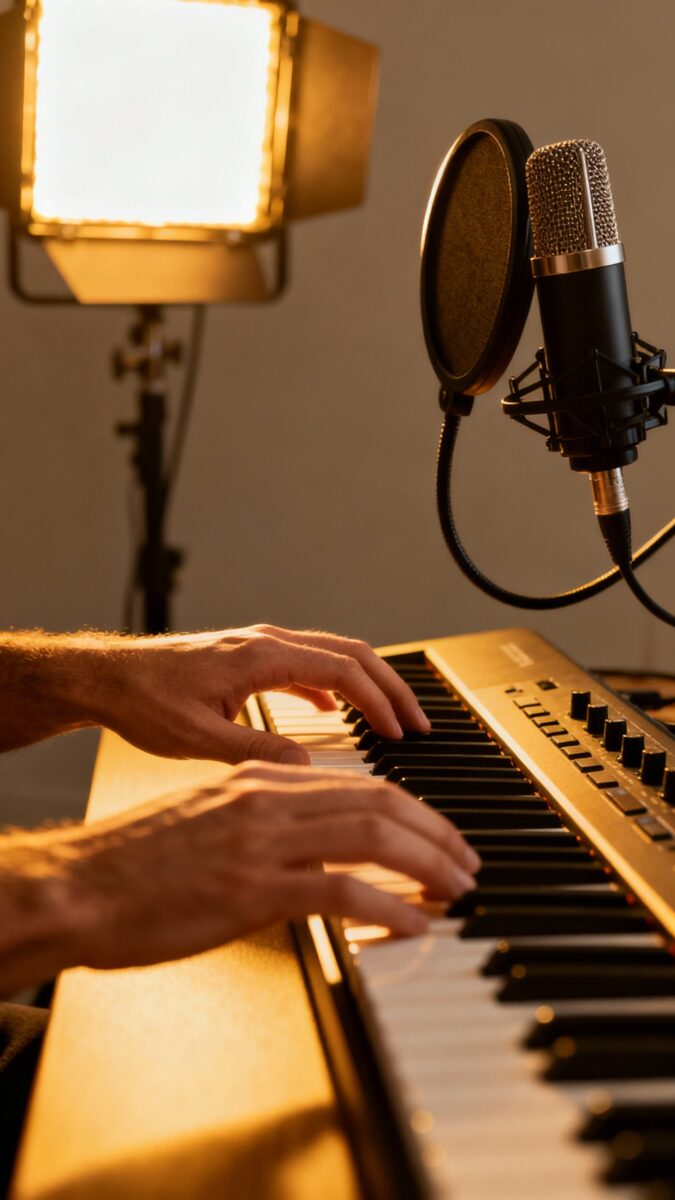 Webinar setup closeup, microphone and softbox lighting, founder’s hands on keyboard