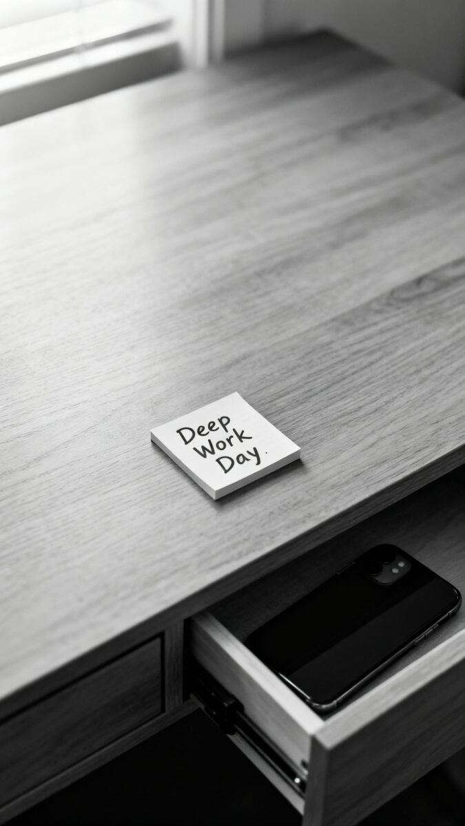 minimalist desk, phone in drawer, “Deep Work Day” sticky note