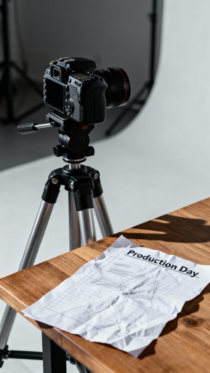 camera and tripod ready, checklist titled “Production Day”