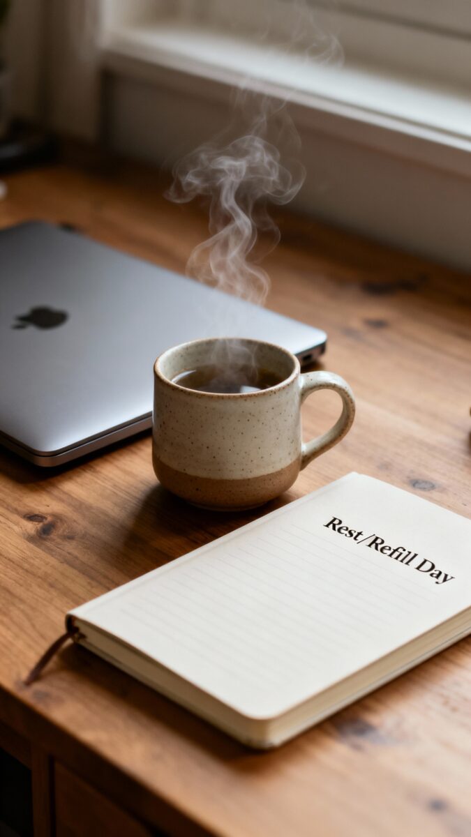 closed laptop, tea mug, journal labeled “Rest/Refill Day”