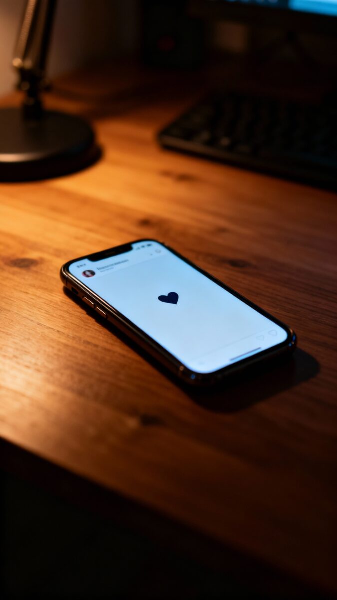 Smartphone screen showing one like notification, dim desk lighting