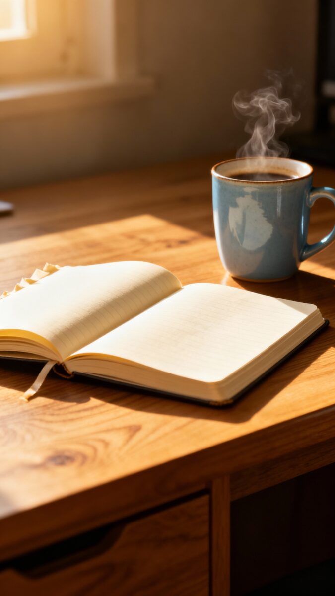 Open notebook labeled “Consistency Plan,” coffee mug, morning light
