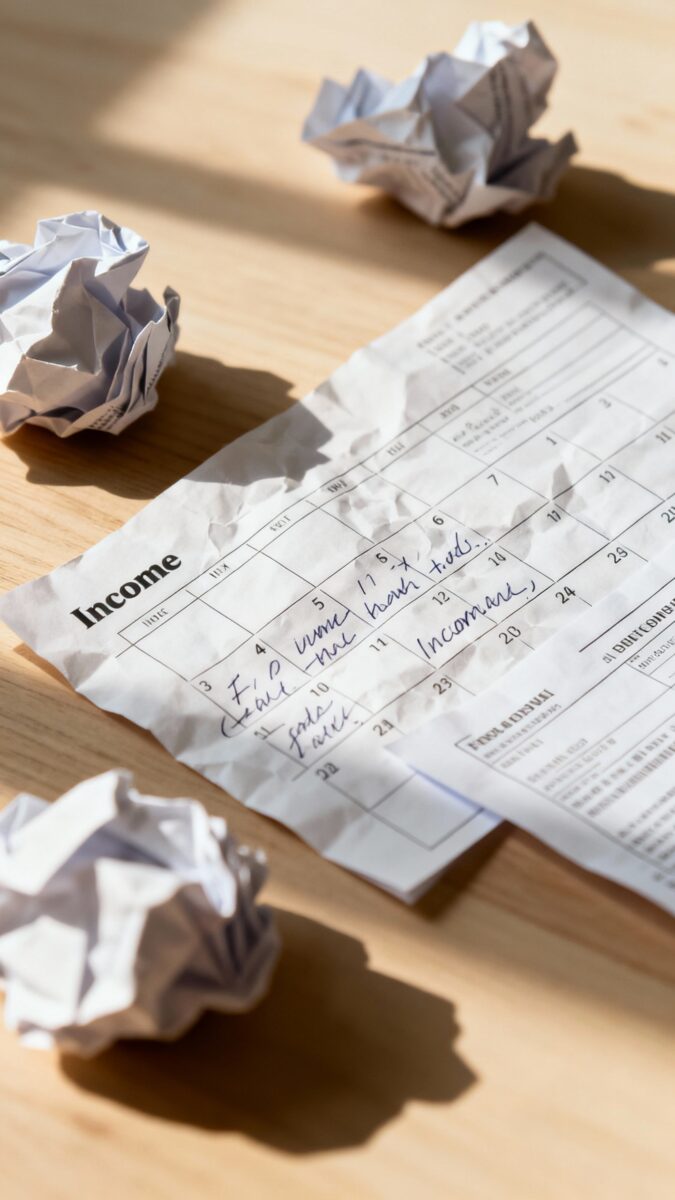 Calendar with irregular income notes, crumpled invoices, soft shadows