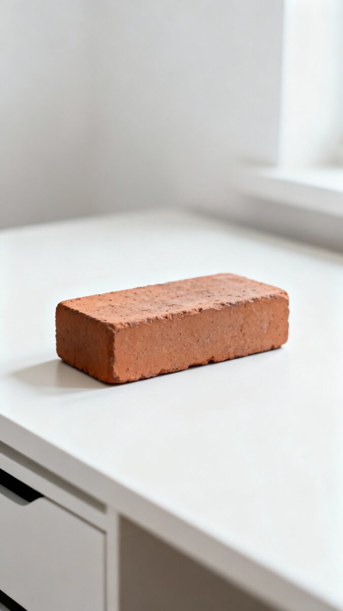 Single brick on white desk labeled “content asset”