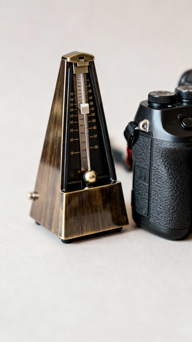 Metronome beside camera labeled “slow build strategy”