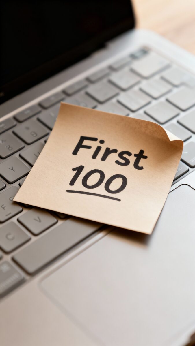 sticky note reading “First 100” on laptop keyboard