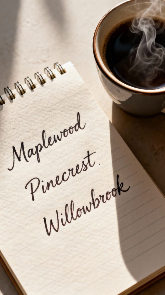 handwritten list of three communities on notepad, coffee nearby