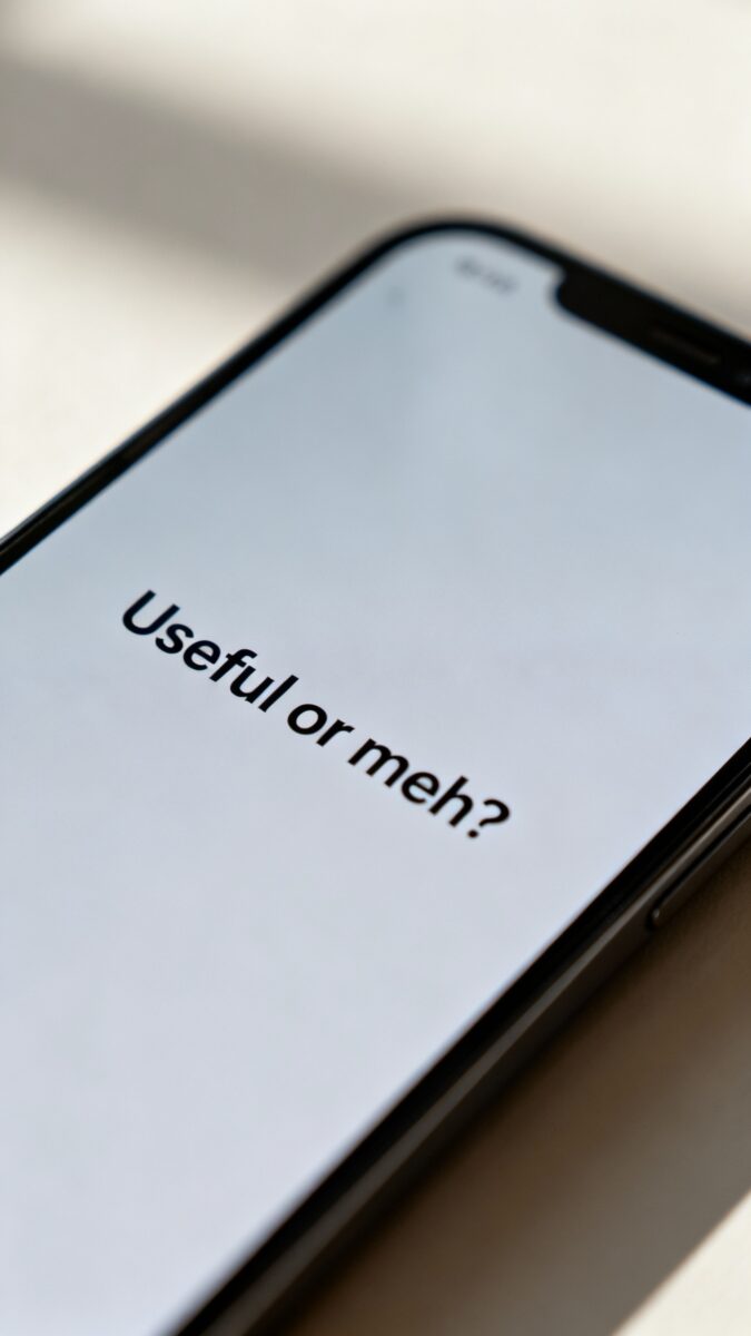 screenshot-style photo of “Useful or meh?” message on phone