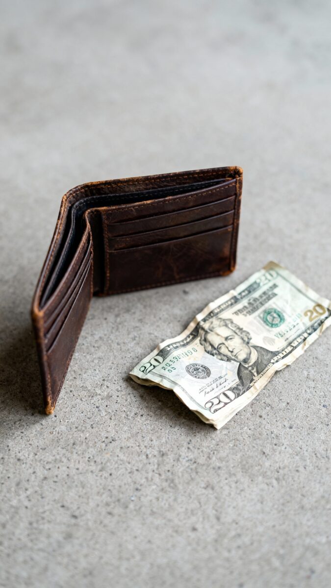 Empty wallet beside $20 bill on concrete
