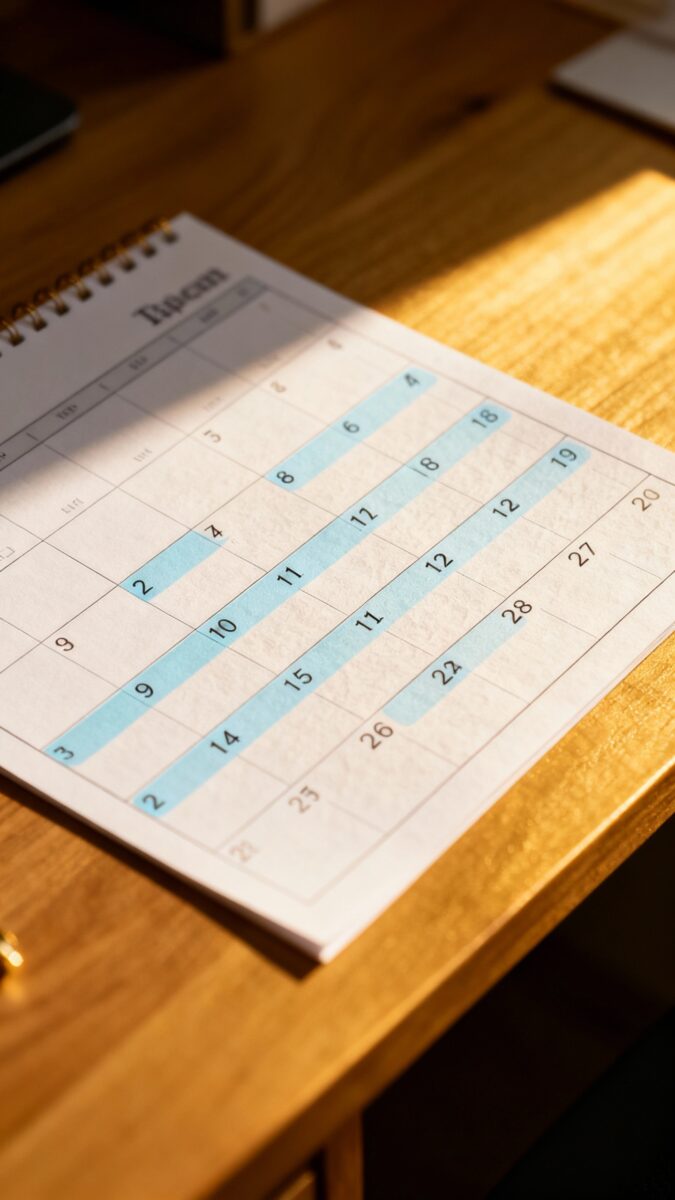 Calendar with recurring payments highlighted, soft desk light