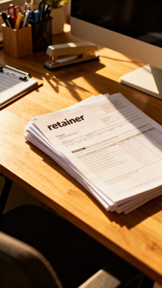 Stacked invoices labeled “retainer,” neat workspace, morning light