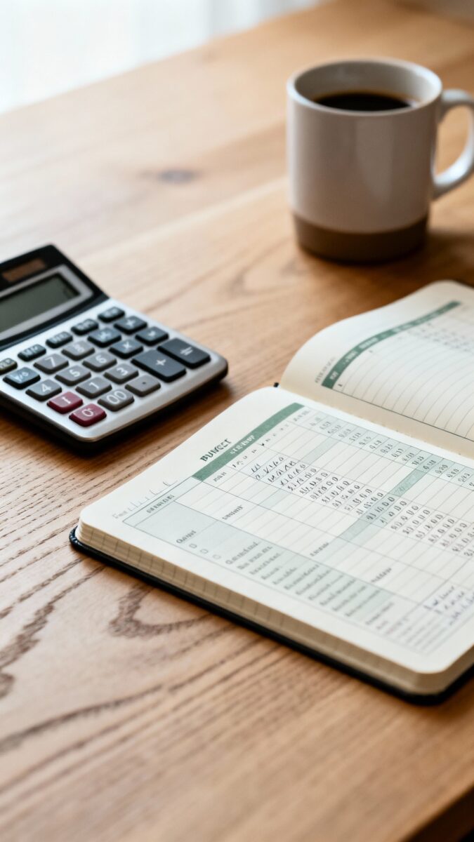 calculator, notebook budget plan, coffee mug on wooden desk