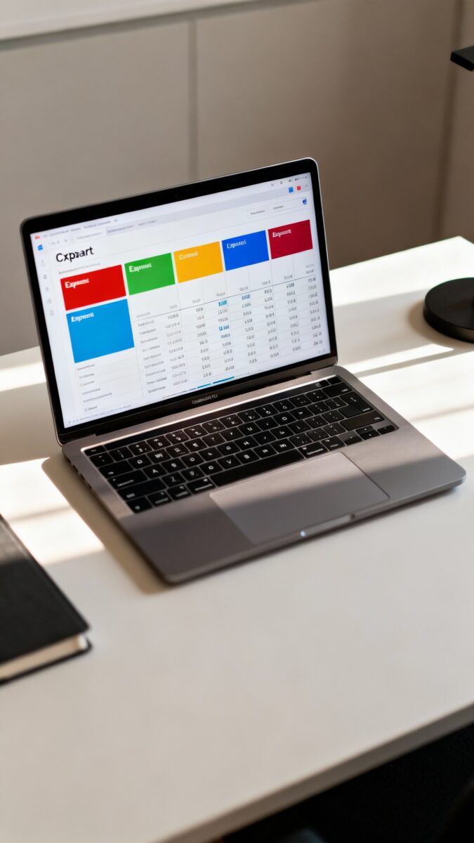 color-coded expense chart on laptop screen, tidy workspace