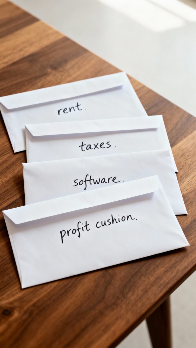 labeled envelopes: rent, taxes, software, profit cushion, on table