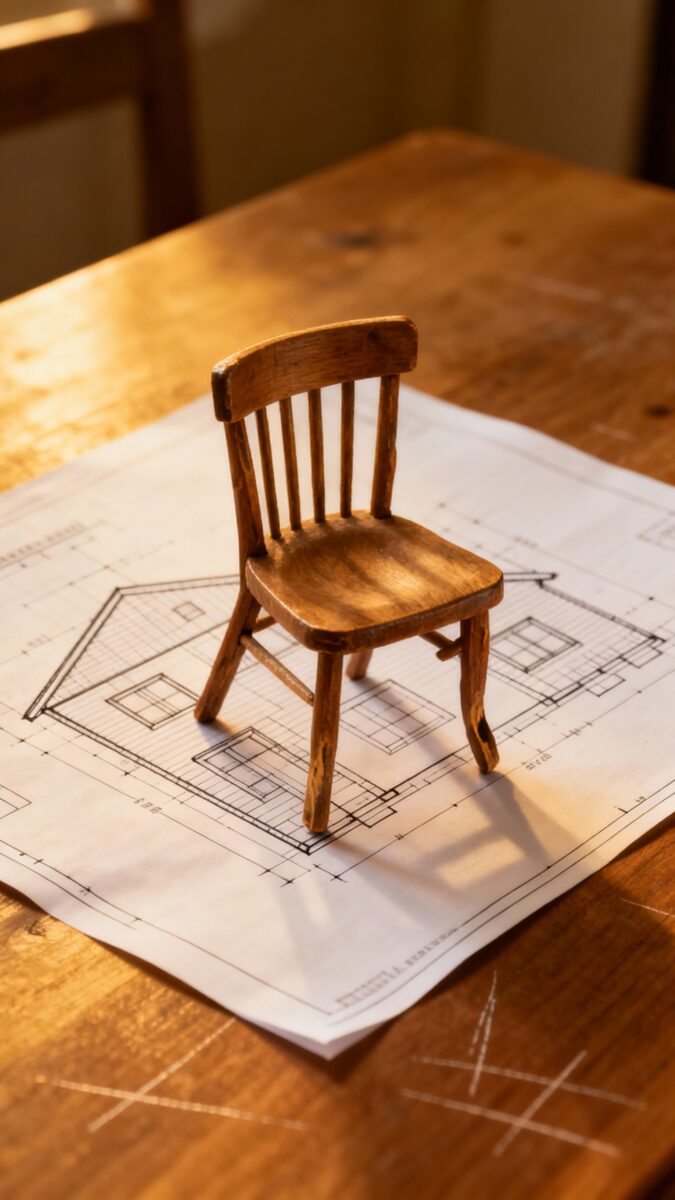 single wobbly chair under house blueprint on table