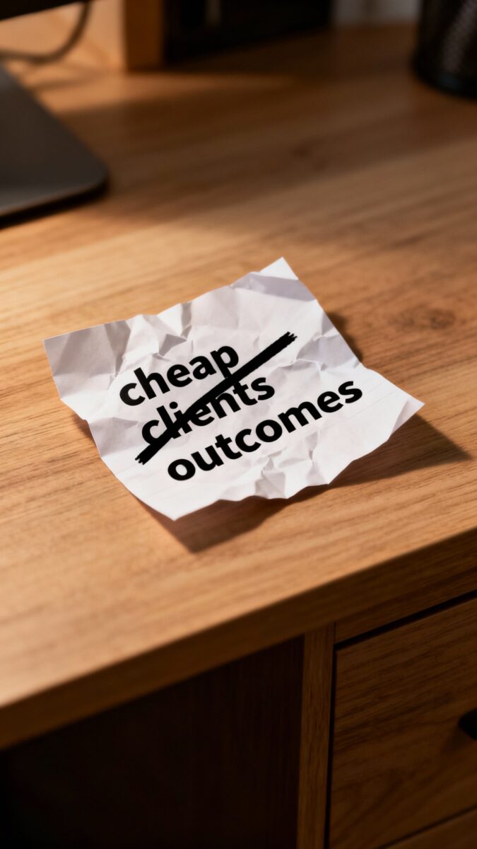 desk with crossed-out “cheap clients” note and bold “outcomes”
