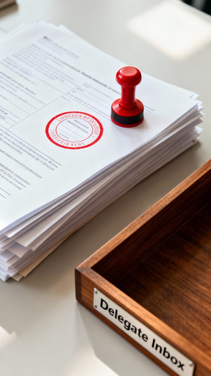bottleneck stamp on paperwork pile beside empty delegate inbox