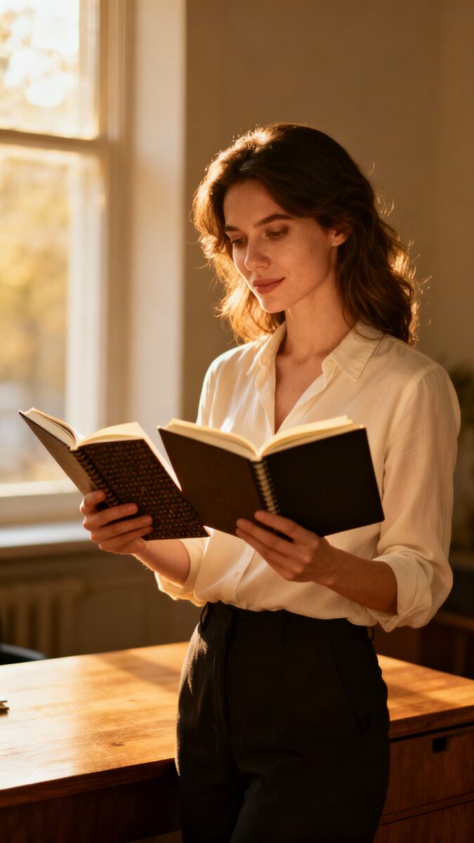 confident woman choosing between two notebooks, soft window light