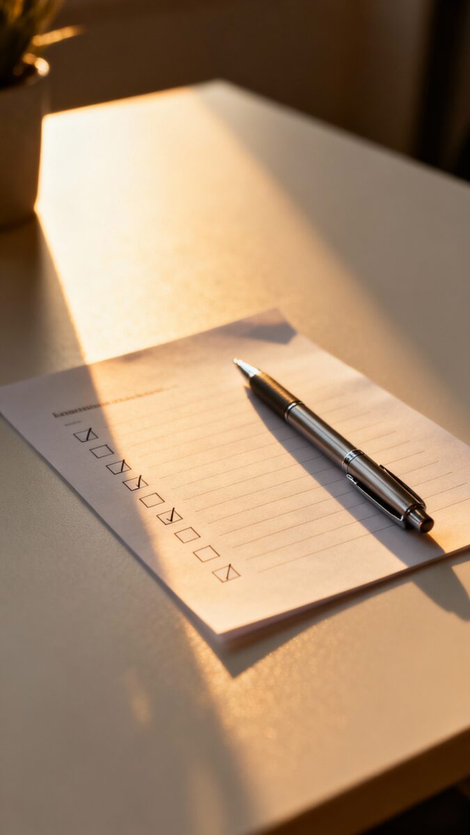 minimalist desk with checked-off list, sleek pen, morning sun