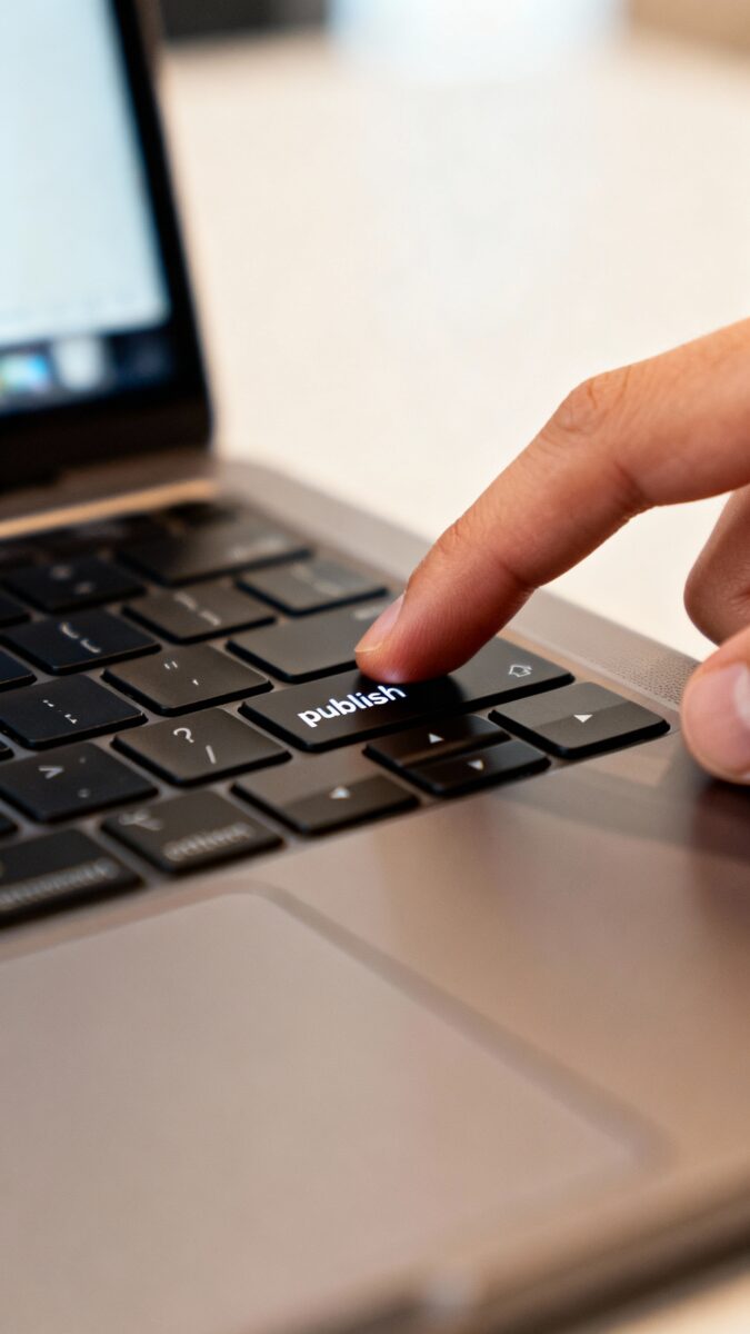 close-up hand pressing “publish” on laptop, shallow depth