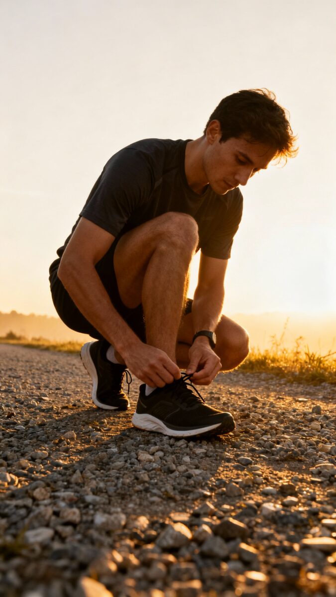 runner tying shoes at dawn, focused expression, crisp lighting