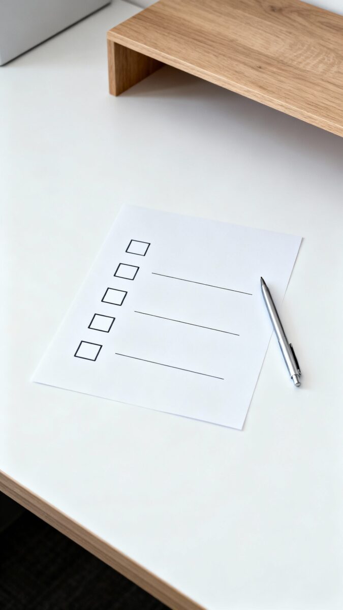 minimalist desk with checklist: format, cadence, channels, monetization