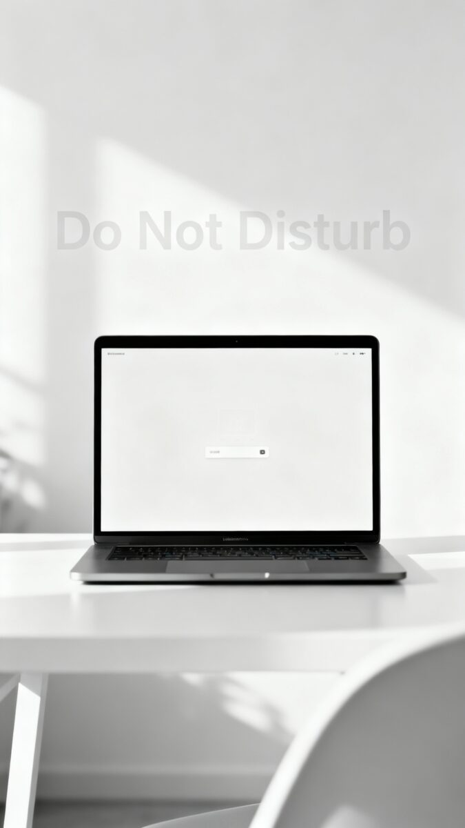 minimalist desk with full-screen laptop and Do Not Disturb