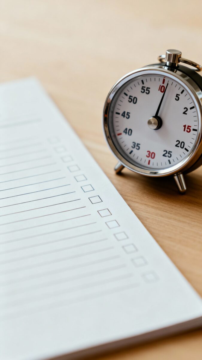 analog kitchen timer beside checklist on clean workspace