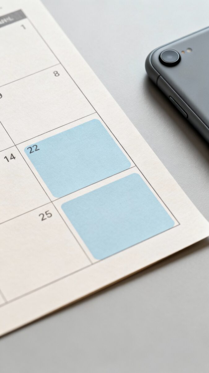 calendar showing meeting blocks next to muted phone