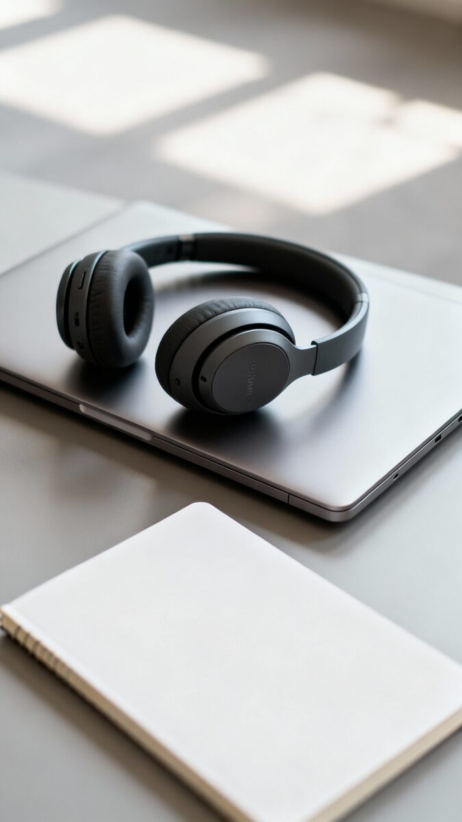 noise-cancelling headphones on closed laptop, blank notebook nearby