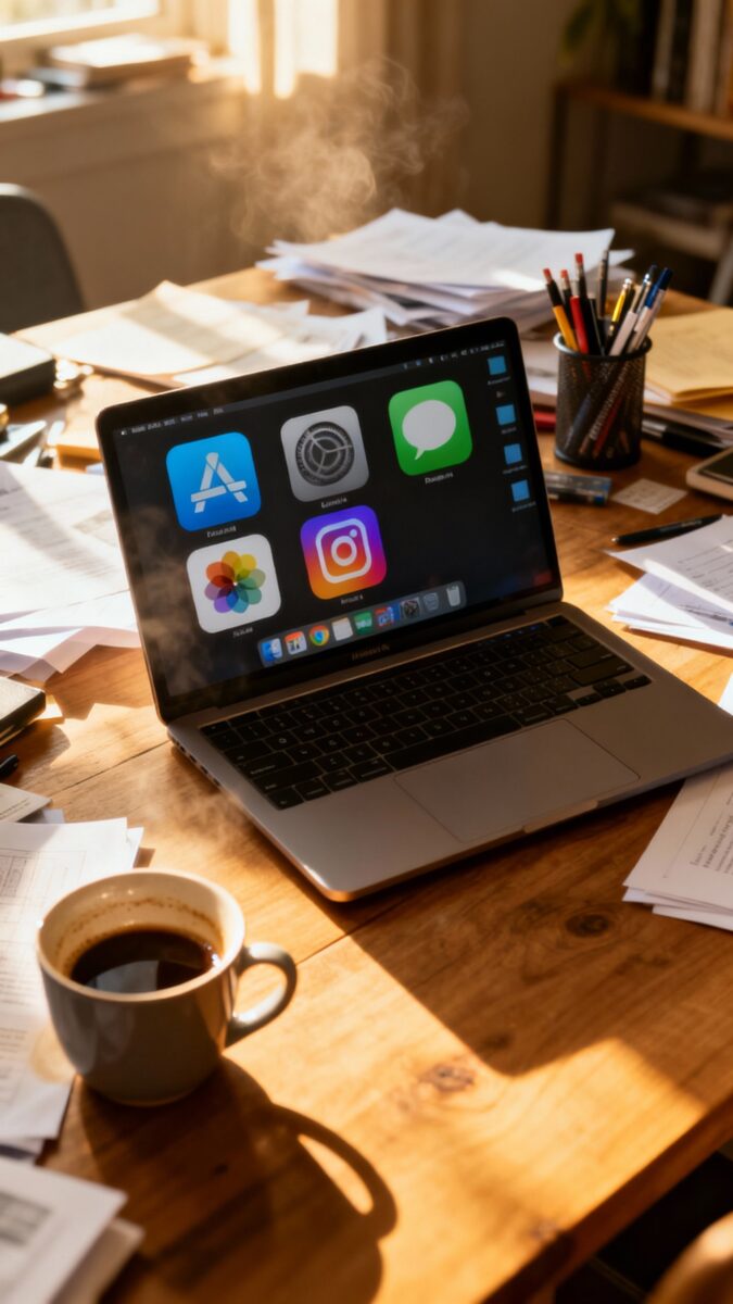 cluttered laptop desk with five open apps, soft daylight