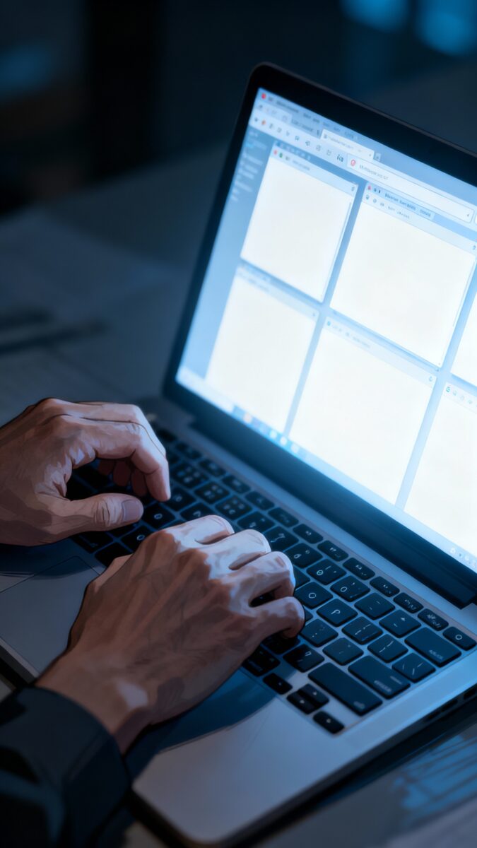 frustrated writer hands mid-keystroke, multiple tabs glare