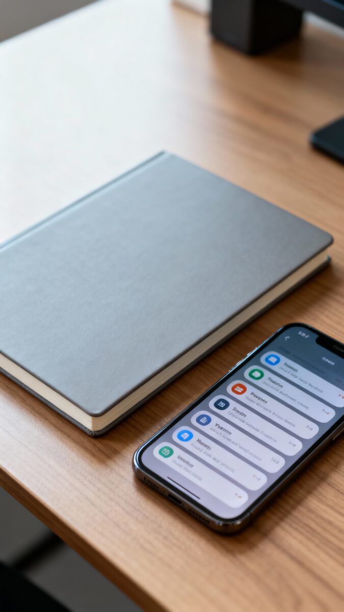 smartphone with stacked notifications beside closed notebook