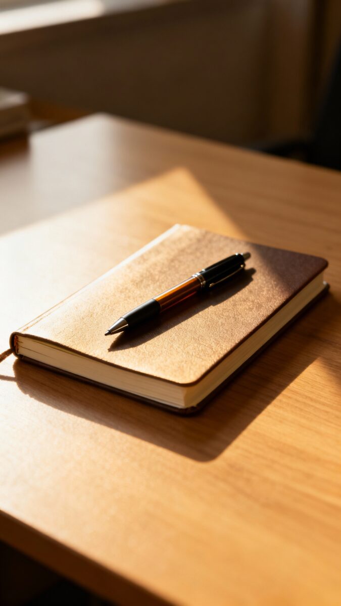 single notebook and pen on clean desk, morning window light