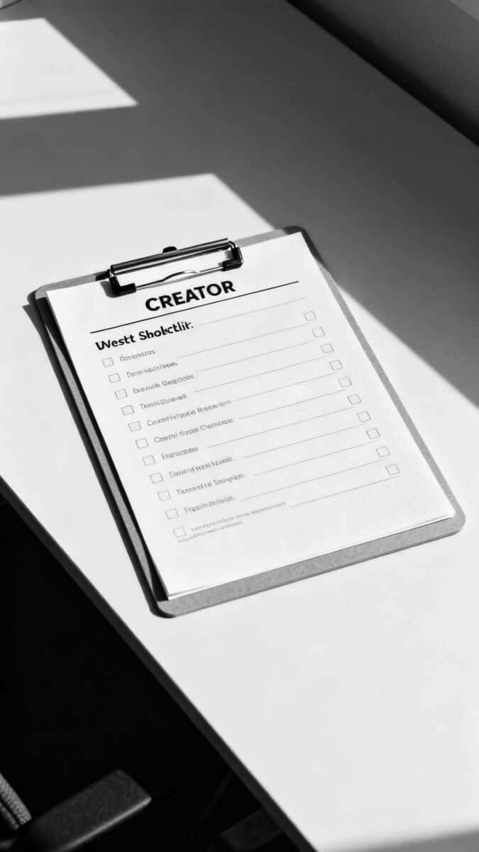 creator workflow checklist on clipboard, minimalist desk