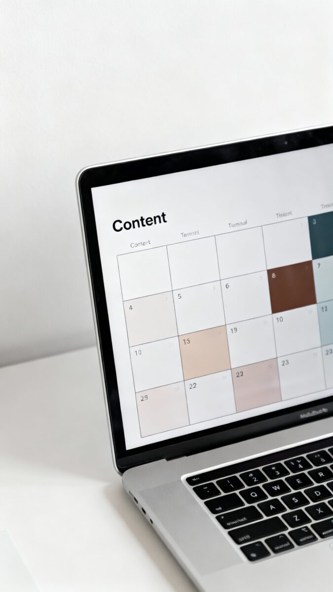 color-coded content calendar on laptop screen, clean workspace