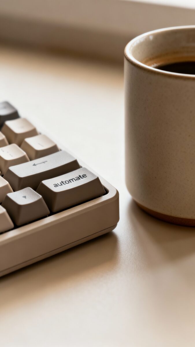 keyboard macro pad labeled automate, beside coffee mug