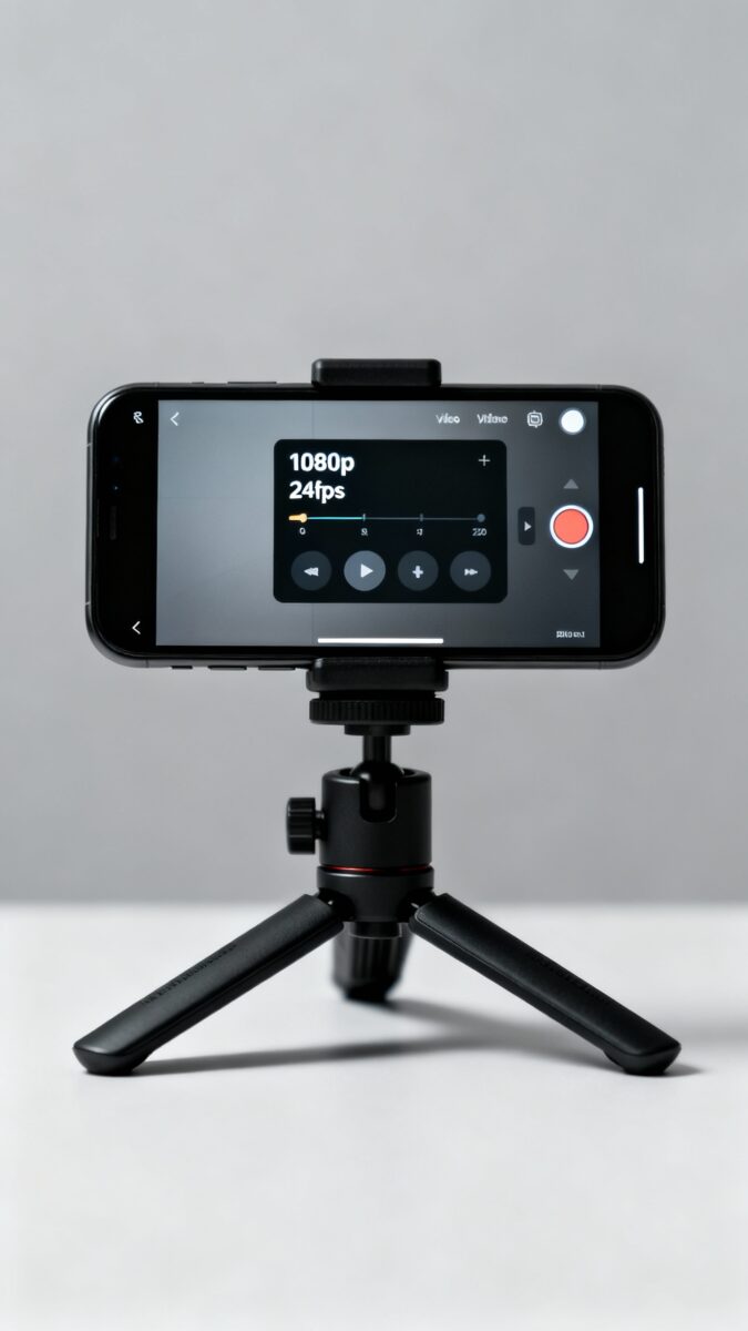smartphone on tripod, 1080p 24fps settings screen