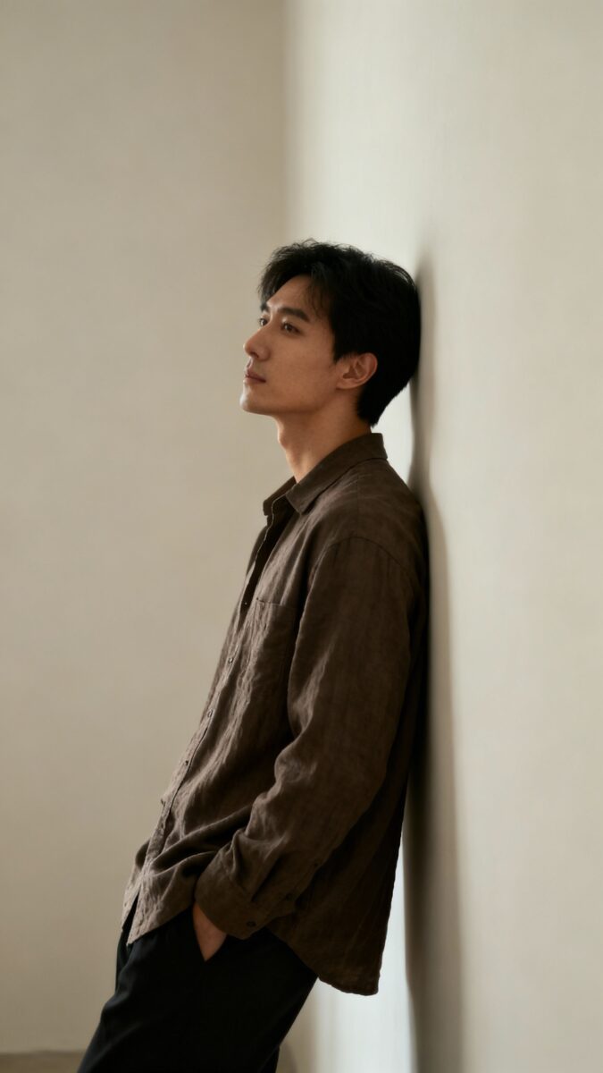 creator leaning against wall for stabilization, neutral background