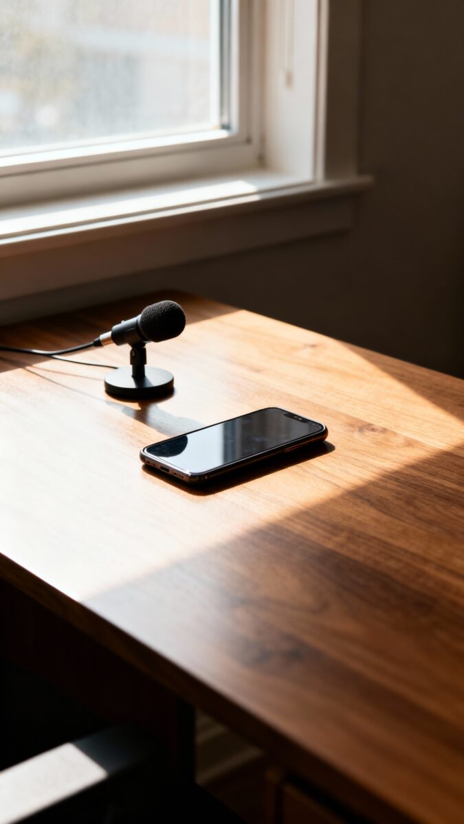 simple desk setup: phone, small mic, window light